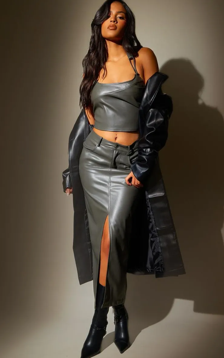 Sale PrettyLittleThing Tall Faux Leather Midaxi Skirt Charcoal