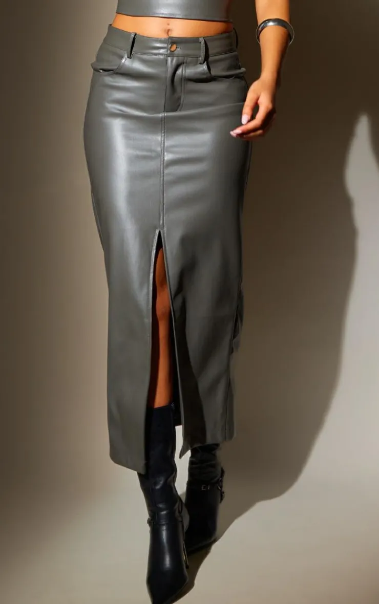 Sale PrettyLittleThing Tall Faux Leather Midaxi Skirt Charcoal