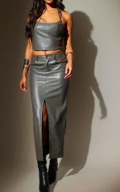 Sale PrettyLittleThing Tall Faux Leather Midaxi Skirt Charcoal