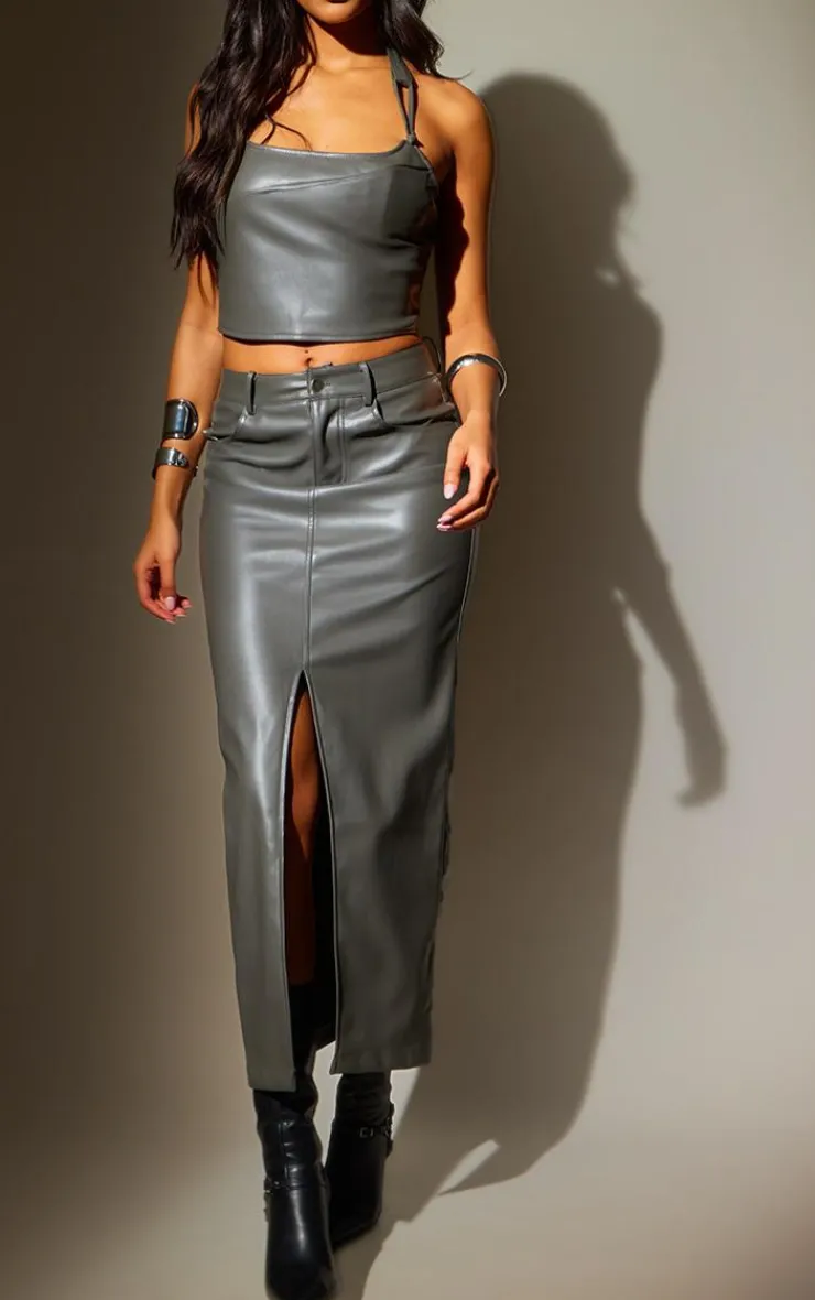 Sale PrettyLittleThing Tall Faux Leather Midaxi Skirt Charcoal