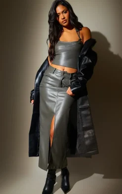 Best PrettyLittleThing Tall Faux Leather Halterneck Crop Top Charcoal