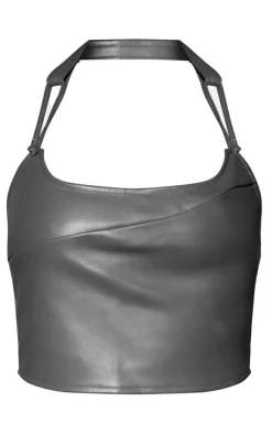 Best PrettyLittleThing Tall Faux Leather Halterneck Crop Top Charcoal