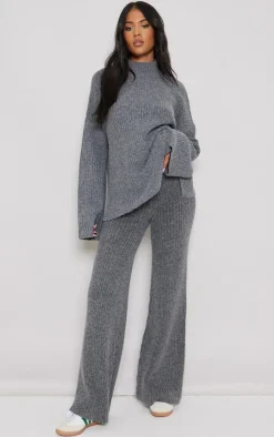 New PrettyLittleThing Tall Luxe Rib Knit Wide Leg Pants Charcoal