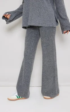 New PrettyLittleThing Tall Luxe Rib Knit Wide Leg Pants Charcoal