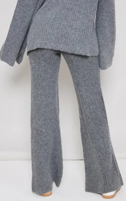 New PrettyLittleThing Tall Luxe Rib Knit Wide Leg Pants Charcoal