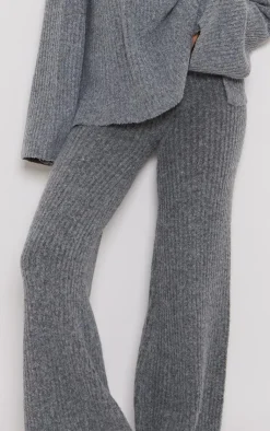 New PrettyLittleThing Tall Luxe Rib Knit Wide Leg Pants Charcoal