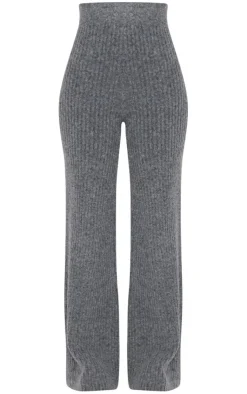New PrettyLittleThing Tall Luxe Rib Knit Wide Leg Pants Charcoal