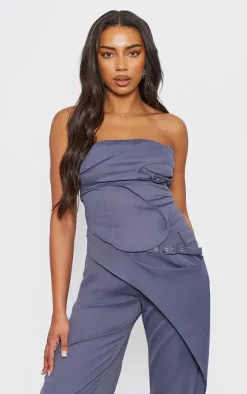 Sale PrettyLittleThing Tall Tailored Buckle Detail Bandeau Top Charcoal