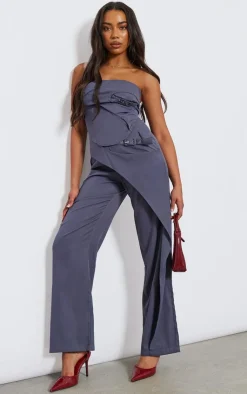Sale PrettyLittleThing Tall Tailored Buckle Detail Bandeau Top Charcoal