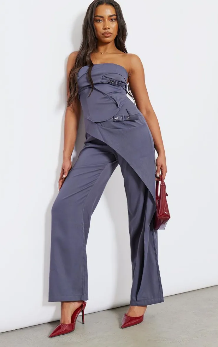 Best PrettyLittleThing Tall Tailored Cut Out Detail Wide Leg Pants Charcoal