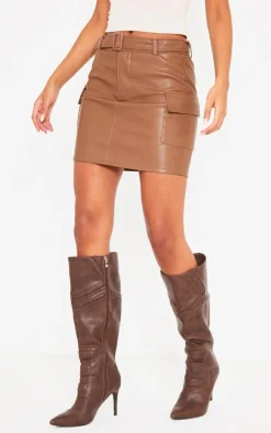 Tall Chocolate Faux Leather Belted Micro Mini Skirt