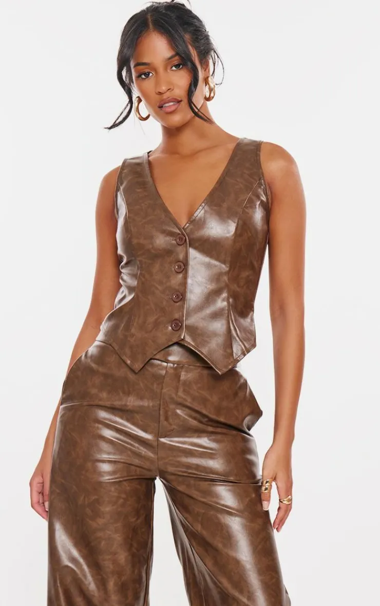 PrettyLittleThing Tall Faux Leather Vest Chocolate