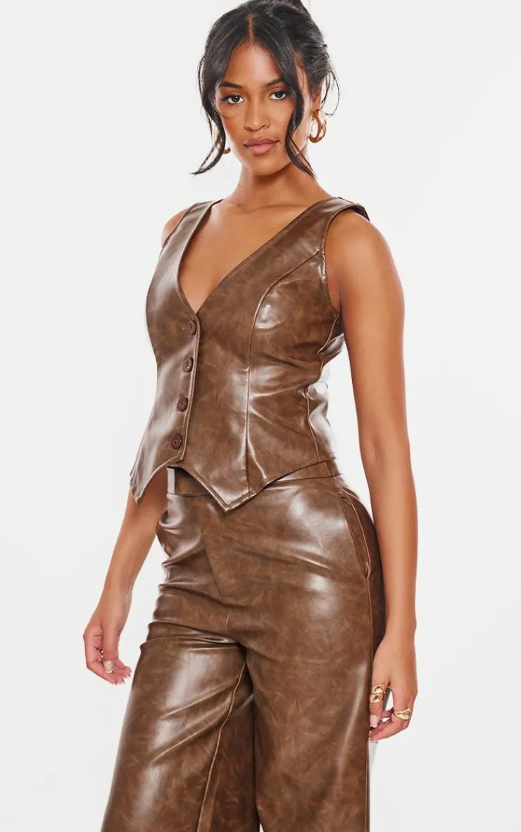 PrettyLittleThing Tall Faux Leather Vest Chocolate