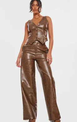 Online PrettyLittleThing Tall Faux Leather Wide Leg Pants Chocolate