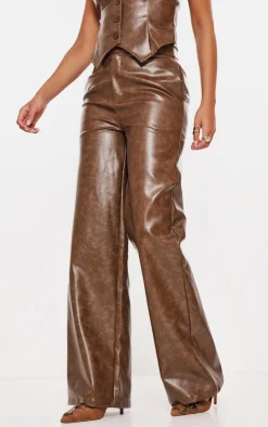 Online PrettyLittleThing Tall Faux Leather Wide Leg Pants Chocolate