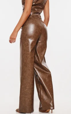 Online PrettyLittleThing Tall Faux Leather Wide Leg Pants Chocolate