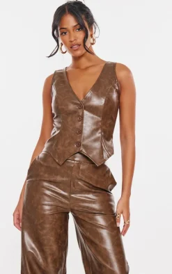 Online PrettyLittleThing Tall Faux Leather Wide Leg Pants Chocolate