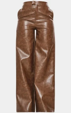 Online PrettyLittleThing Tall Faux Leather Wide Leg Pants Chocolate