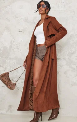 PrettyLittleThing Trench Coats*Tall Chocolate Faux Suede Belted Maxi Trench Coat