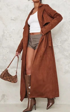 PrettyLittleThing Trench Coats*Tall Chocolate Faux Suede Belted Maxi Trench Coat