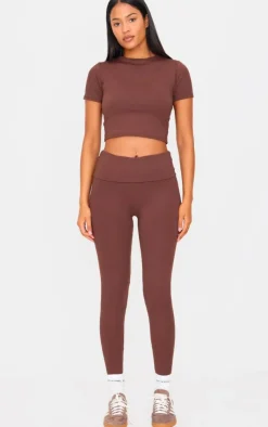 Best PrettyLittleThing Tall High Waisted Fold Over Detail Leggings Chocolate