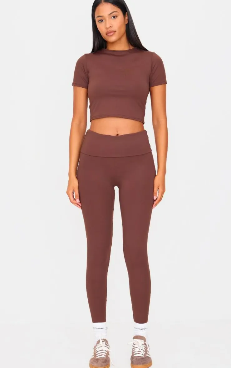 Best PrettyLittleThing Tall High Waisted Fold Over Detail Leggings Chocolate