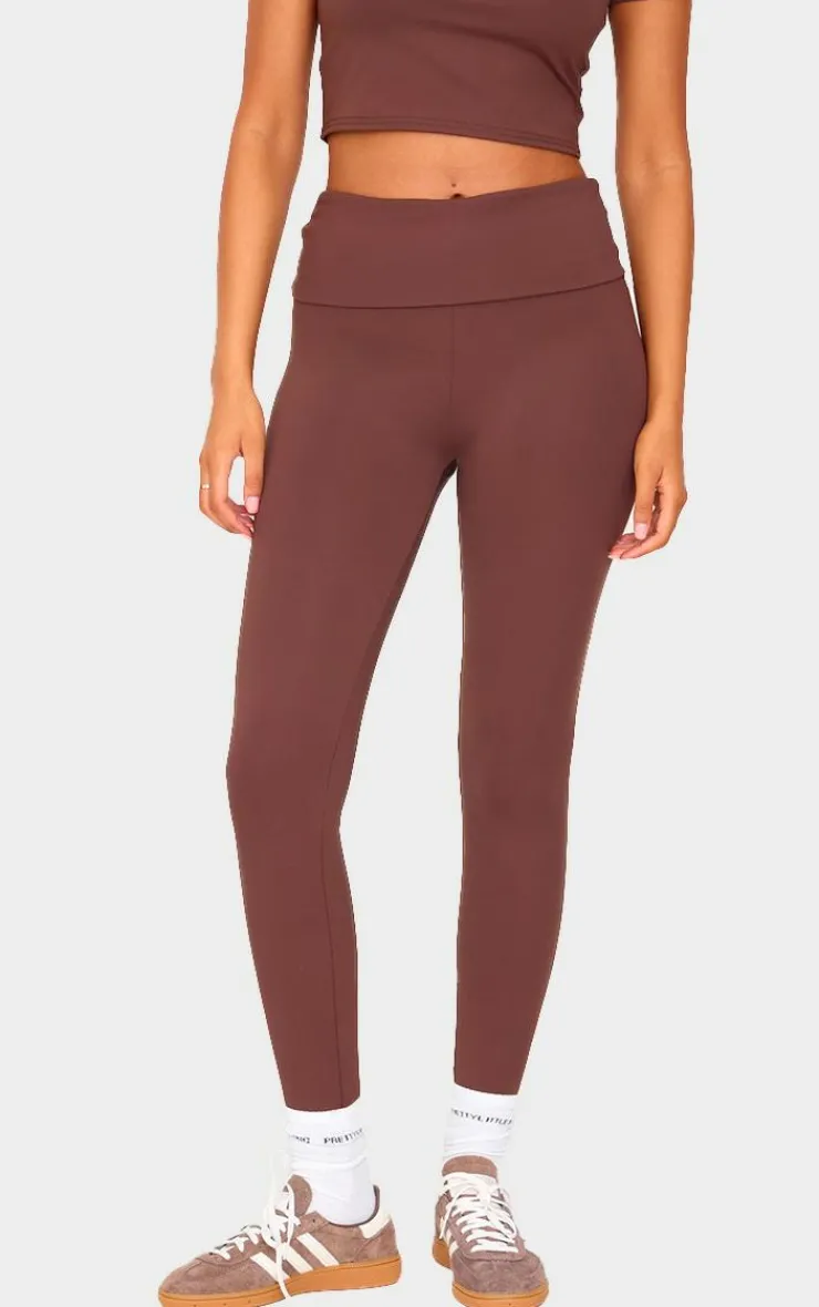 Best PrettyLittleThing Tall High Waisted Fold Over Detail Leggings Chocolate