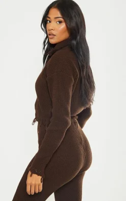 New PrettyLittleThing Tall Knitted Distressed Cardigan Chocolate