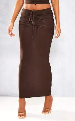 Sale PrettyLittleThing Tall Slinky Ruched Detail Midaxi Skirt Chocolate