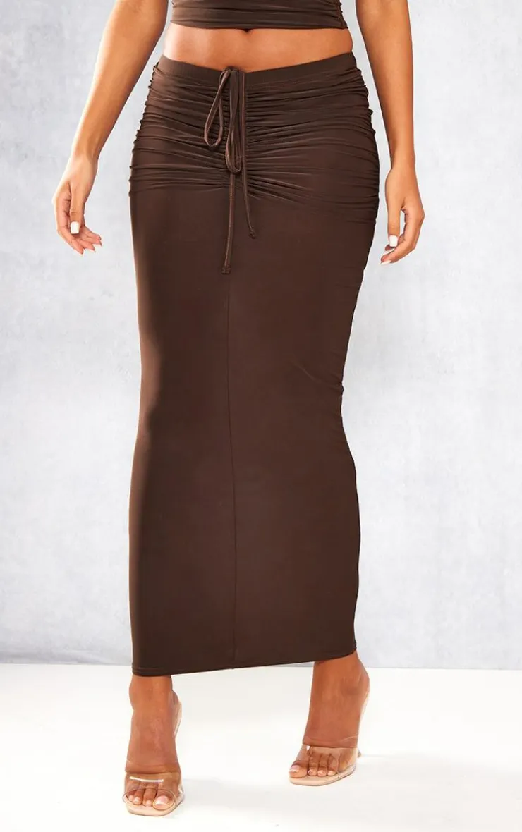 Sale PrettyLittleThing Tall Slinky Ruched Detail Midaxi Skirt Chocolate