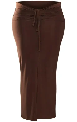 Sale PrettyLittleThing Tall Slinky Ruched Detail Midaxi Skirt Chocolate