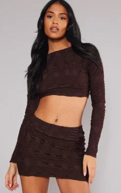 Discount PrettyLittleThing Tall Textured Jersey Long Sleeve Backless Top Chocolate