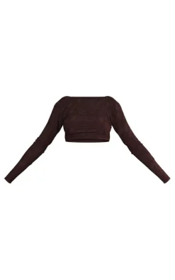 Discount PrettyLittleThing Tall Textured Jersey Long Sleeve Backless Top Chocolate