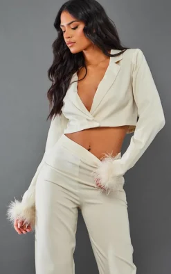 Outlet PrettyLittleThing Tall Faux Feather Cuff Cropped Blazer Cream