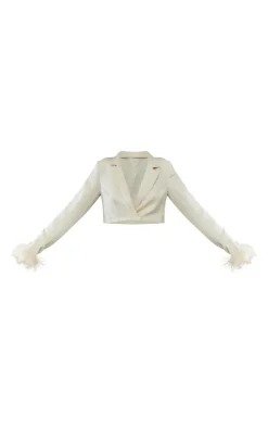 Outlet PrettyLittleThing Tall Faux Feather Cuff Cropped Blazer Cream