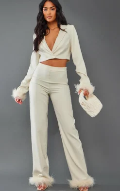 Clearance PrettyLittleThing Tall Faux Feather Trim Tailored Pants Cream