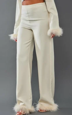 Clearance PrettyLittleThing Tall Faux Feather Trim Tailored Pants Cream