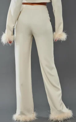 Clearance PrettyLittleThing Tall Faux Feather Trim Tailored Pants Cream