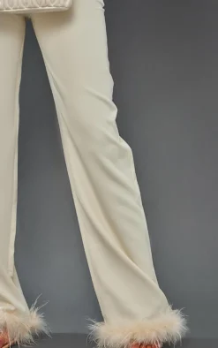 Clearance PrettyLittleThing Tall Faux Feather Trim Tailored Pants Cream