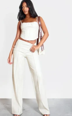 Hot PrettyLittleThing Tall Faux Leather Seam Detail Wide Leg Pants Cream