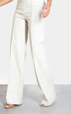 Hot PrettyLittleThing Tall Faux Leather Seam Detail Wide Leg Pants Cream