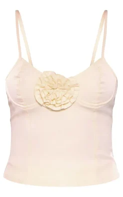 Hot PrettyLittleThing Tall Flower Detail Cami Strap Crop Top Cream