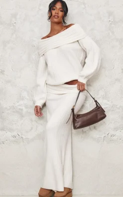 Hot PrettyLittleThing Tall Fold Over Knitted Maxi Skirt Cream