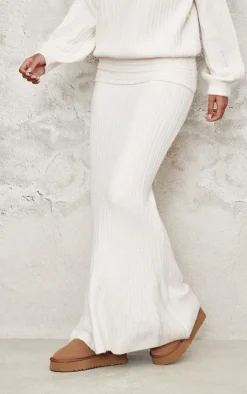 Hot PrettyLittleThing Tall Fold Over Knitted Maxi Skirt Cream