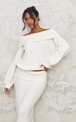 Hot PrettyLittleThing Tall Fold Over Knitted Maxi Skirt Cream