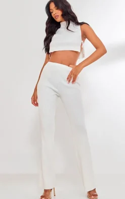 New PrettyLittleThing Tall Rib Knit Straight Leg Pants Cream