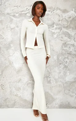 PrettyLittleThing Tall Textured Button Front Long Top Cream