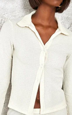 PrettyLittleThing Tall Textured Button Front Long Top Cream