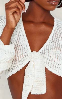 Tall Cream Textured Knot Front Detail Crop Top