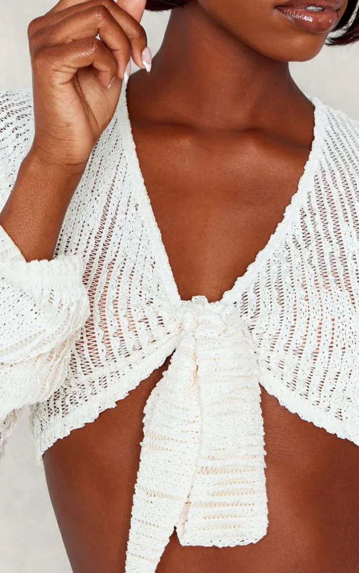 Tall Cream Textured Knot Front Detail Crop Top